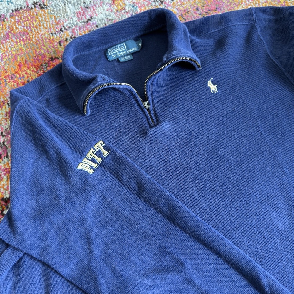 Vintage Polo Ralph Lauren Pitt Panthers 1/4 Zip Pullover Medium Navy Blue